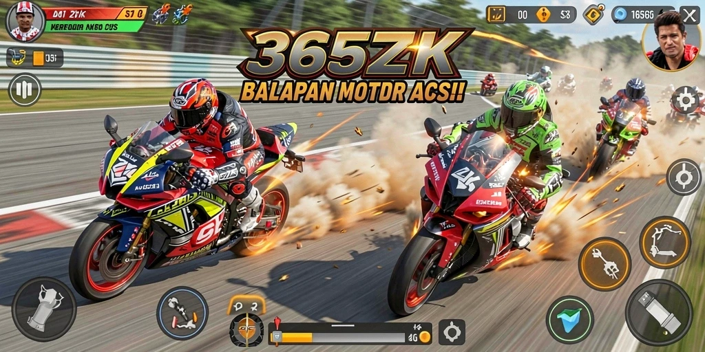 Screenshot gameplay 365ZK menunjukkan balapan motor yang mendebarkan dan grafis menawan.