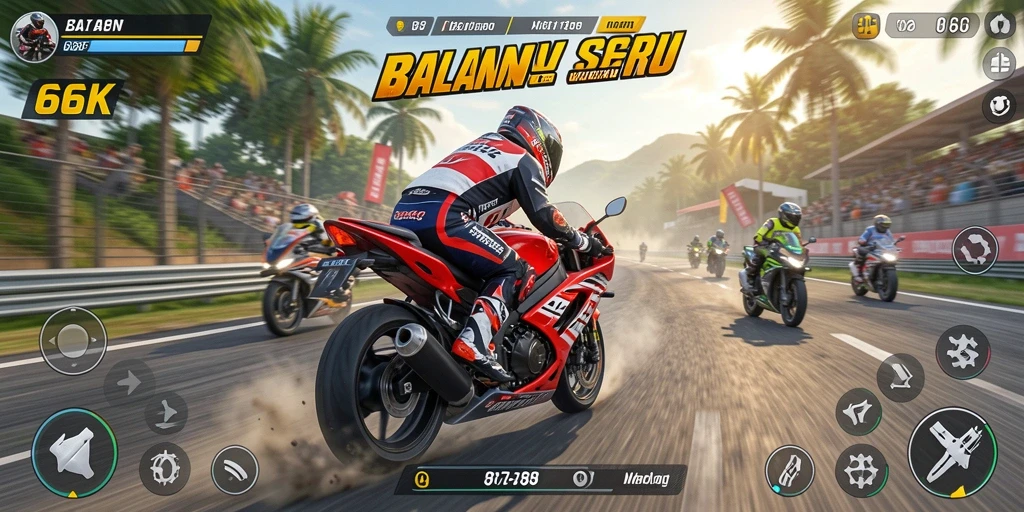 Gameplay seru saat balapan motor di 66K dengan trek yang menantang.