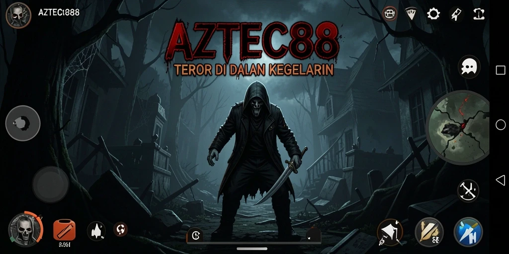 Tampilan gameplay AZTEC88 yang menampilkan suasana mencekam dan menakutkan.