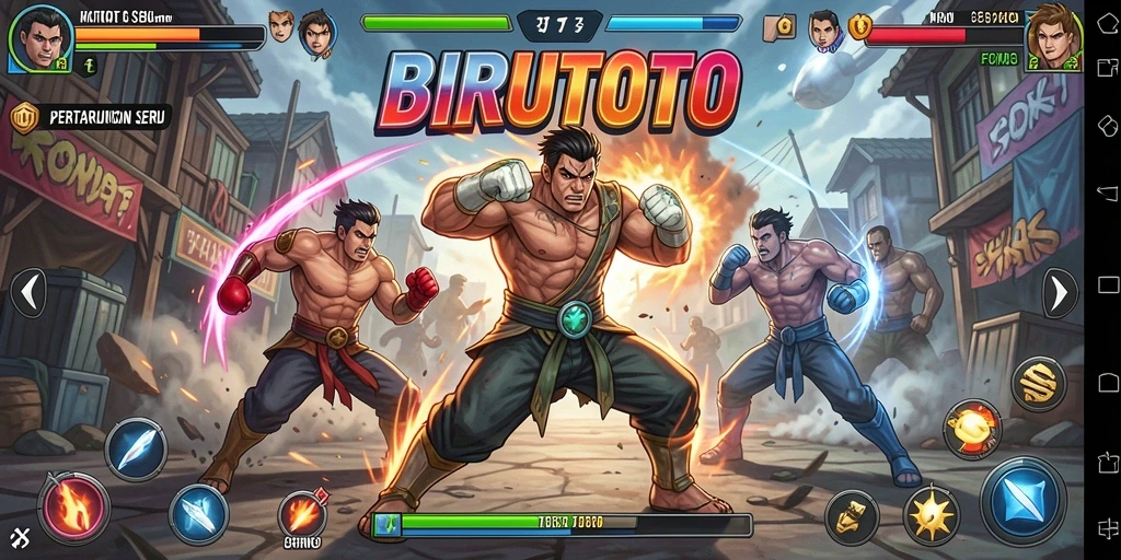 Gambar menunjukkan pertarungan intens antara karakter-karakter di BIRUTOTO.