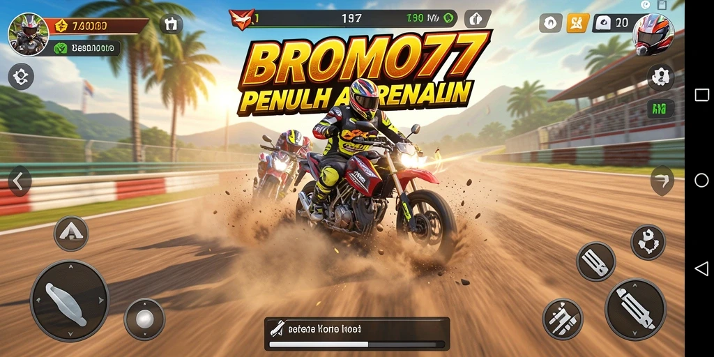 Gameplay seru BROMO77 saat balapan motor di trek menantang.