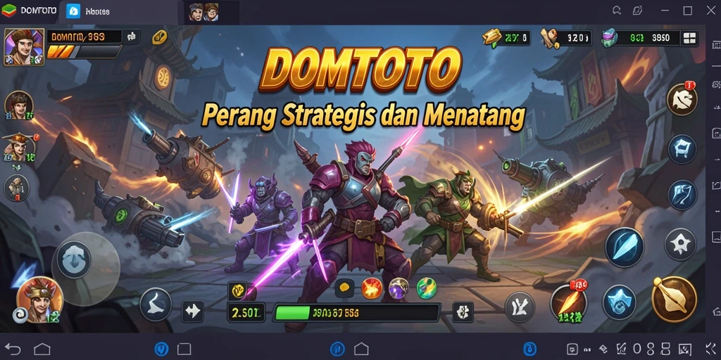 Tangkapan layar utama menampilkan pertempuran strategi yang dinamis di DOMTOTO.