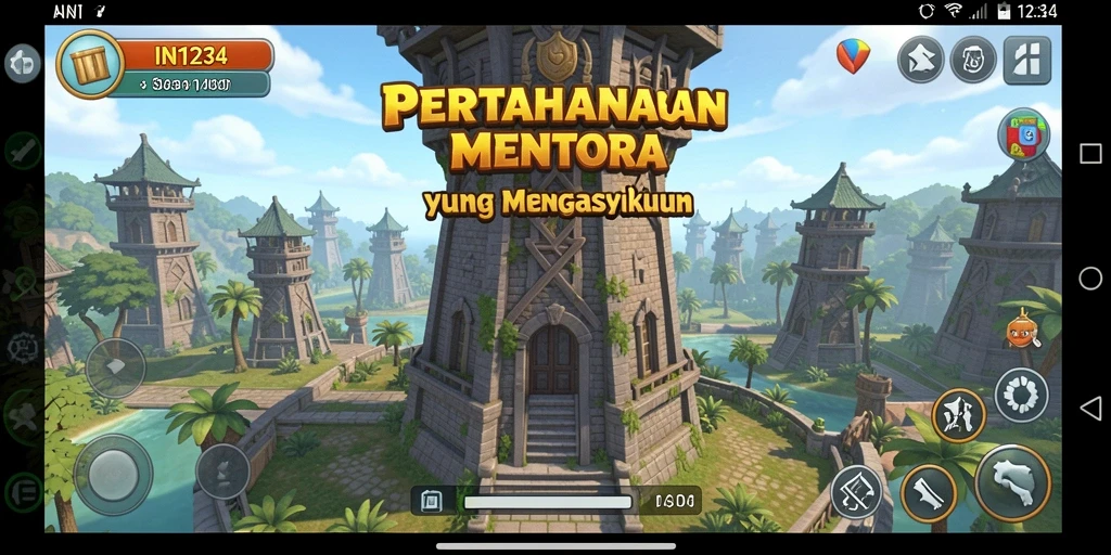 Screenshot utama IN1234 menampilkan aksi menara pertahanan yang mendebarkan.
