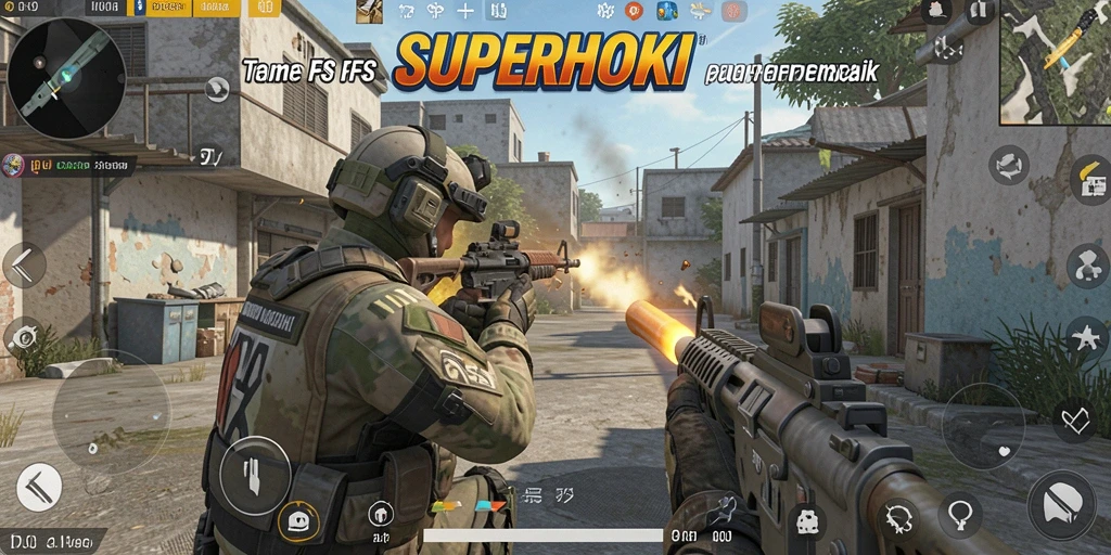 Gameplay mendebarkan dalam SUPERHOKI dengan aksi tembak-menembak intens.